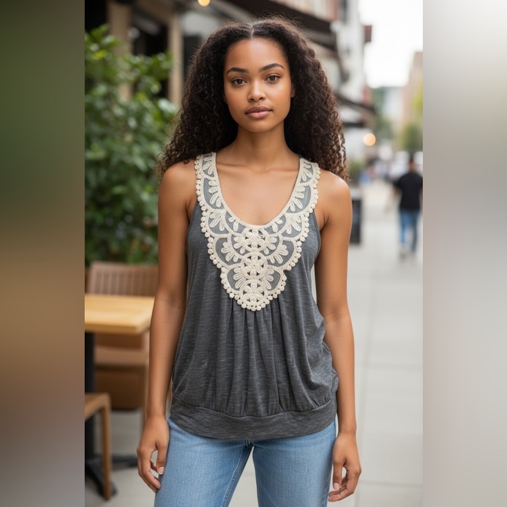 Body Central Gray Tank Top with Cream Lace. Size Medium.